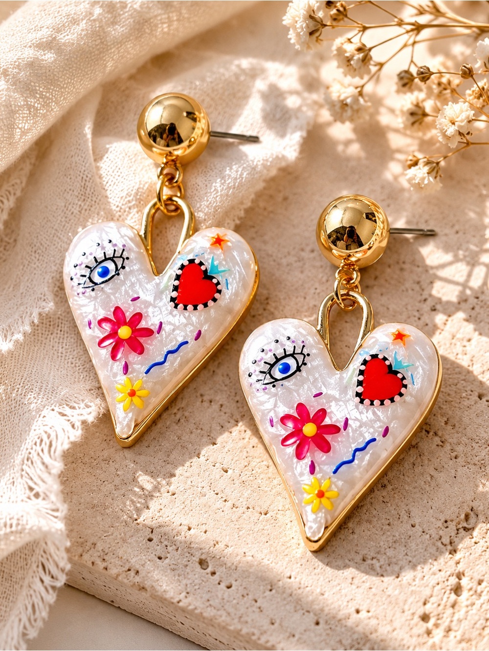 Free People Evil Eye Heart Dangle Earrings Gold Boho Statement New